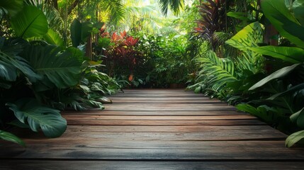 Poster - A wooden path winds through a dense, tropical landscape filled with diverse plants and bright flowers.