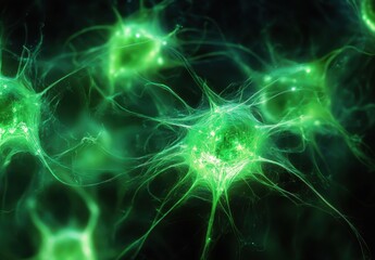 Poster - Luminous Green Neurons Illuminating the Dark Background in an Intricate Cellular Network Depicting Advanced Biological Processes and Interactions