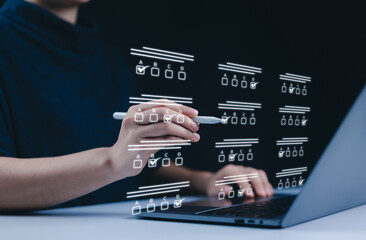 Poster - Online test exam and survey form. A person filling out an online exam or survey form, showcasing a hand using a digital pen to select answers on virtual checklist. checkbox, knowledge quiz questions,