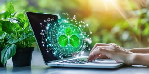 Leinwandbilder - A businesswoman analyzing sustainability reports on a laptop, surrounded by plants, emphasizing corporate responsibility