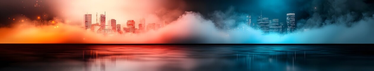 Poster - Breathtaking digital city skyline glowing in vibrant pink and blue hues reflected in a misty futuristic urban void in the center  A stunning and cinematic sci fi landscape concept