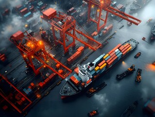 Poster - Bustling seaport terminal filled with hulking container ships massive gantry cranes and a striking display of the machinery and scale powering international trade and logistics