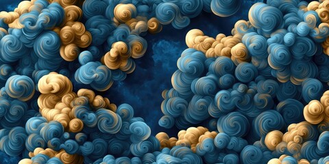 Poster - Vibrant Abstract Cloud Formation with Spirals in Blue and Gold Tones Against a Dark Background for Artistic and Creative Use