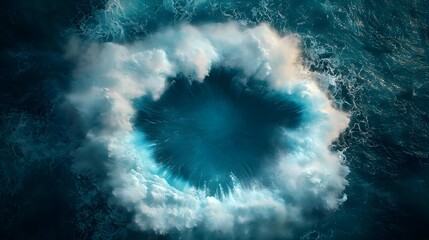 Poster - Captivating Oceanic Vortex Dreamy Crashing Waves in Serene Blank Center for Quotes or Contemplation  Mesmerizing abstract landscape of deep blue water glowing mist and a tranquil ethereal focal point