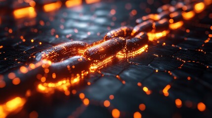 Poster - Glowing chain links illuminated against a dark textured surface, creating a dynamic visual effect