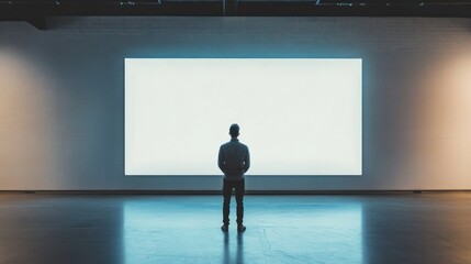 Wall Mural - Man facing blank screen in modern gallery