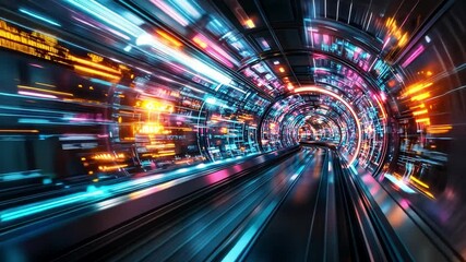 Poster - Futuristic digital tunnel with vibrant lights and high-speed motion effects