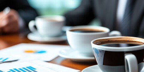 Leinwandbilder - Business meeting focused on market trends with charts and coffee cups on the table