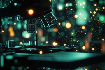 Poster - Close-up view of a microscope and colorful bokeh lights in a laboratory setting