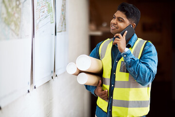 Poster - Phone call, happy engineer and man with blueprint design, update or reading paperwork for construction project. Mobile, architect and conversation for communication, talking and building development
