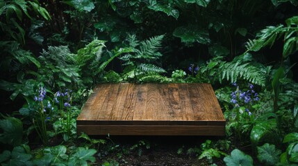 Poster - A wooden podium is nestled among lush green ferns and colorful spring flowers. The vibrant greenery creates a serene environment perfect for presentations or gatherings in nature.