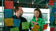 © Summit Art Creations - Professional business people discuss about creative marketing idea in modern office. Business team working together to brainstorm financial plan by using sticky notes on glass board. Manipulator.
