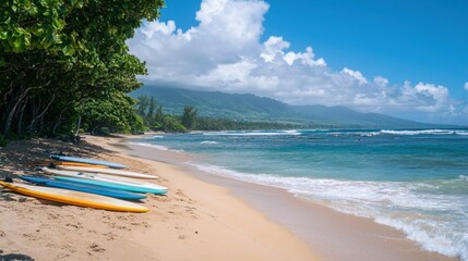 Wall Mural - Surfboards on Sandy Beach with Turquoise Water and Blue Sky