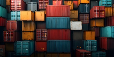 Poster - Cinematic wideangle shot of a massive stacked pile of muted toned metal freight containers conveying the intricate interconnected web of worldwide commerce and transportation networks