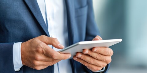 Leinwandbilder - Businessman analyzing market competition with a digital tablet, emphasizing strategic planning, neutral background, copyspace for text