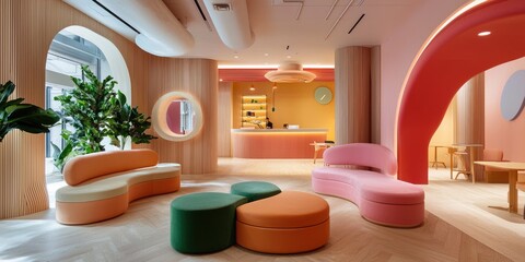 Aufkleber - Stylish modern office interior with creative layout, vibrant colors, and productivity tools emphasizing a working vibe