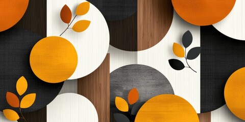 Fototapete - Abstract geometric composition featuring vibrant circles, leaves, and textured backgrounds in earthy tones, perfect for modern decor and design projects