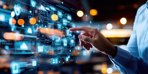 Fototapete - Futuristic Business Man Interacting with Digital Data Panel Displaying Virtual Information and Graphical User Interface in an Innovative Office Environment