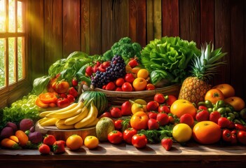 Wall Mural - colorful array fresh fruits vegetables forming stunning rainbow display wooden surface, lgbtq, lgbt, pride, love, equality, vibrant, colors, arrangement