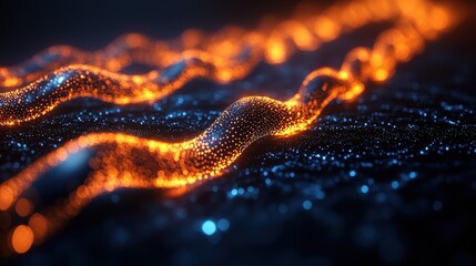 Poster - Glowing orange and blue waves of light flow over a dark textured surface, creating a mesmerizing visual effect