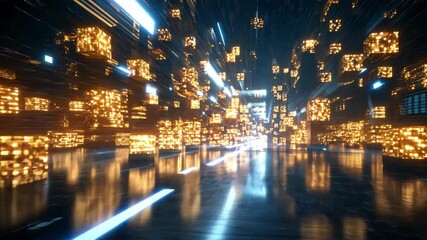Poster - Colorful glowing cubes create an abstract digital landscape with dynamic lighting effects
