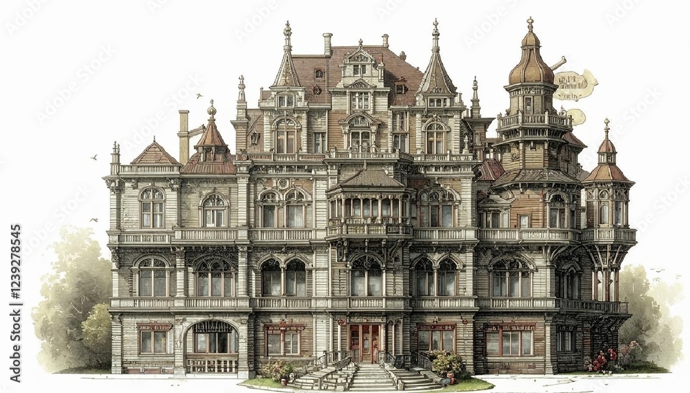 A detailed engraving of a Victorian mansion with ornate balconies ...