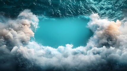 Poster - Ethereal Aquamarine Seascape   Crashing Waves Enveloped in Glowing Mist  A serene and dreamlike ocean landscape with deep blue waters glowing mist