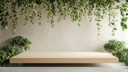Aufkleber - A podium adorns a serene setting with cascading greenery above.