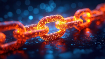 Poster - Glowing orange chain link illuminated against a blurred blue background, symbolizing connection and strength