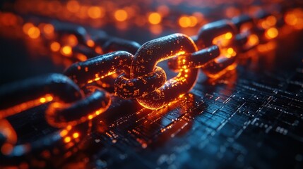 Poster - Glowing orange chains interconnected on a dark digital background, symbolizing strength and unity