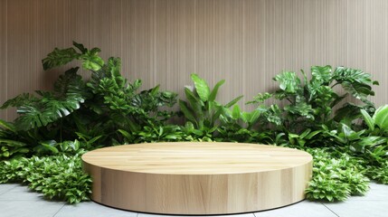 Aufkleber - A circular wooden podium stands prominently in a stylish indoor space, enveloped by vibrant green plants.