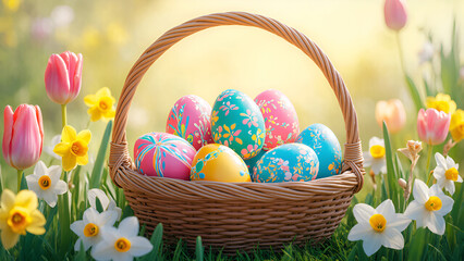 Wall Mural - Basket with Easter eggs on the grass with some flowers around. Colorful composition.