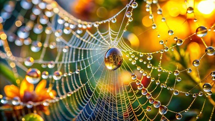 Wall Mural - Vibrant Dewdrop on Spider Silk, Macro Photography, Nature Close-up