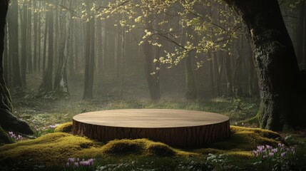 Aufkleber - In a serene forest, a circular wooden podium sits on a bed of vibrant moss and wildflowers. Soft sunlight filters through the trees, creating a tranquil atmosphere of spring awakening.