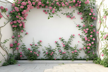 Sticker - Pink Roses Climbing a White Wall A Romantic Floral Garden Setting