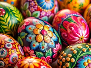 Wall Mural - Vibrant Floral Easter Eggs: Close-Up Macro Photography of Hand-Painted Eggs