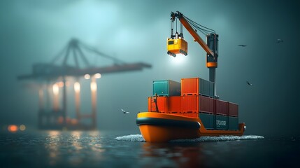 Poster - Futuristic autonomous cargo ship navigates a high tech global port with AI controlled cranes unloading smart containers amidst a neon aesthetic