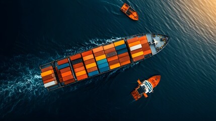 Poster - Futuristic cargo ships using renewable energy and AI powered navigation sailing on the open ocean part of an interconnected global trade and logistics network  Representing the future of efficient