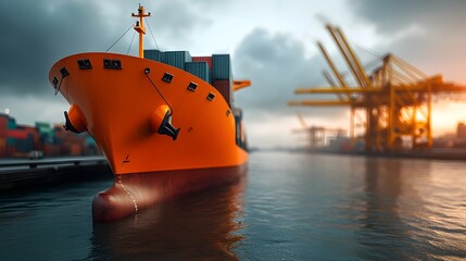 Poster - Futuristic high tech cargo port with vertical docking for autonomous ships AI guided loading cranes and a seamless global trade network