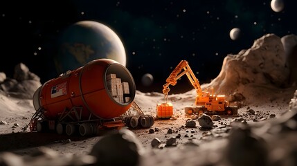 Poster - Futuristic space cargo ship docking at a lunar trade station with robotic arms unloading supplies as part of an interplanetary supply chain concept