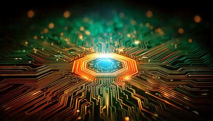 Poster - Stunning close-up of a glowing circuit board, showcasing intricate pathways and a central processing unit.  Perfect for tech, AI, innovation, and futuristic concepts.
