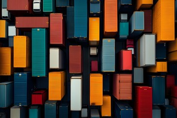 Poster - Geometric stacks of multicolored intermodal shipping containers soaring upwards illustrating the vast scale and interconnected nature of global supply chains and logistics