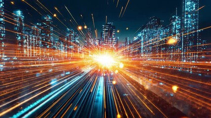Poster - Dynamic light trails illuminate a city skyline at night in vibrant 4K resolution