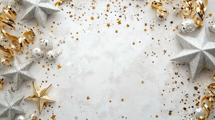 Wall Mural - Stylish corner border of silver stars, golden streamers, and bright confetti on a white surface