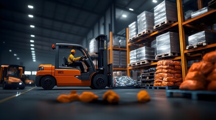 Poster - Hardworking forklift operator carefully loading cargo onto a semi truck heavy machinery and freight neatly organized in an industrial warehouse setting with concrete floors and metal shelving