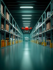 Poster - Hyper Efficient AI Controlled Futuristic Inventory Warehouse with Towering Robotic Shelves and Laser Precision Drones