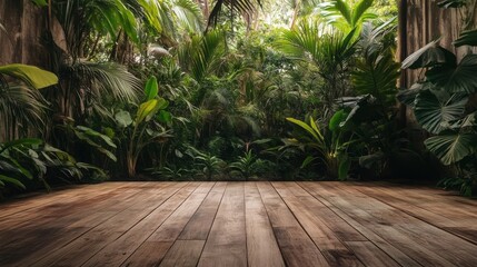 Poster - A wooden podium stands in a vibrant tropical setting, surrounded by lush green foliage typical of spring.