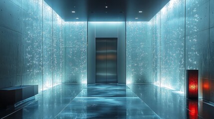 Poster - Amidst a minimalist lobby, a sleek steel podium stands tall, reflecting soft cool tones. The walls glisten with a watery effect, creating a serene ambiance that invites contemplation