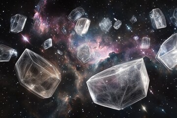 Poster - Floating geometric shapes in a vast cosmic space filled with vibrant colors and stars