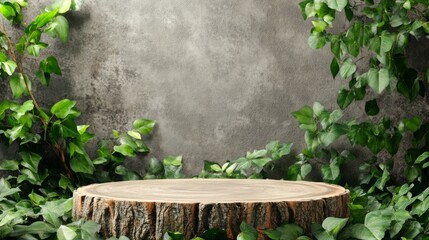 Poster - A circular podium made from a tree stump rests amidst vibrant green foliage in a spring setting.